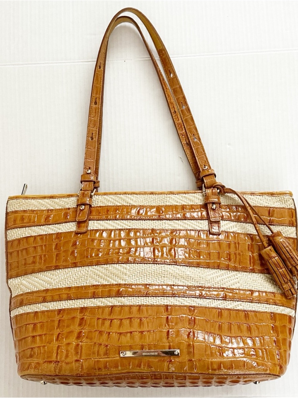Brahmin Medium Asher Whiskey Raffia Tote - Picture 14 of 14